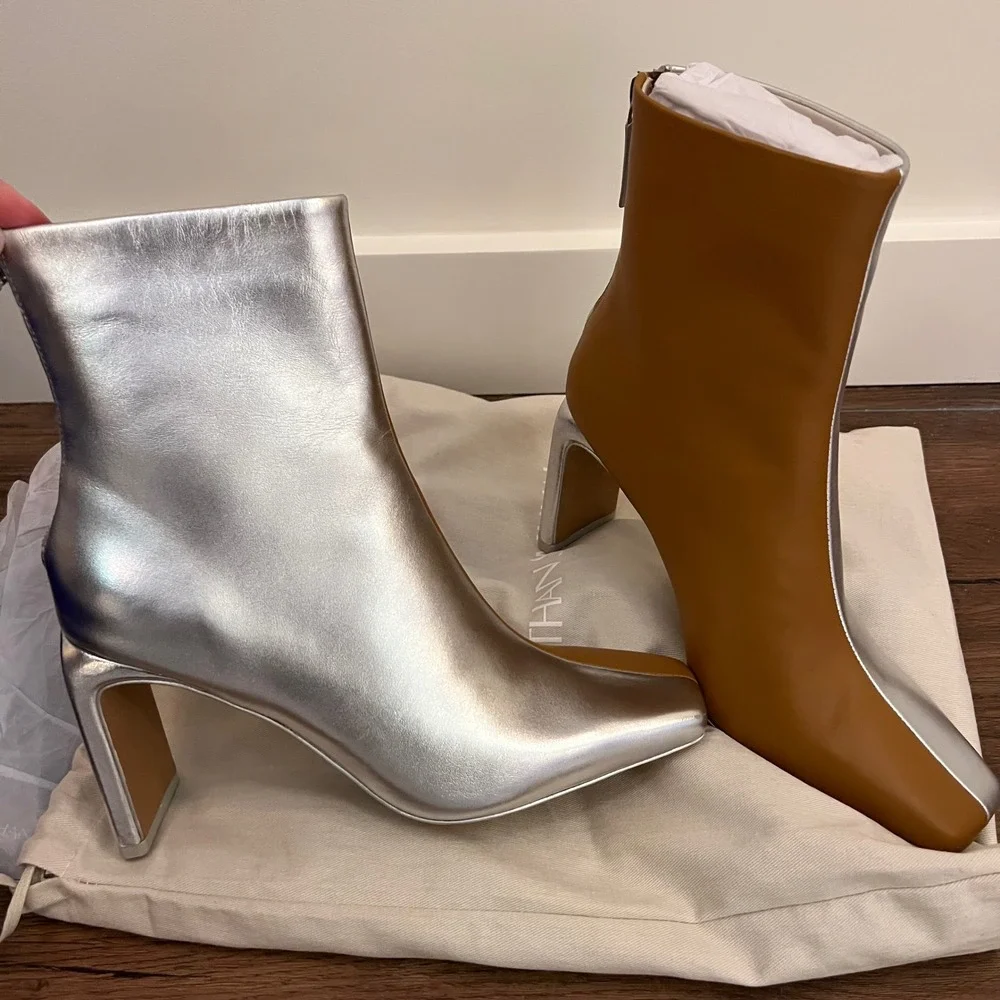 Jonathan Simkhai Silver Tan‎ Two Tone Leather Square Toe Block Heel Boots 36
